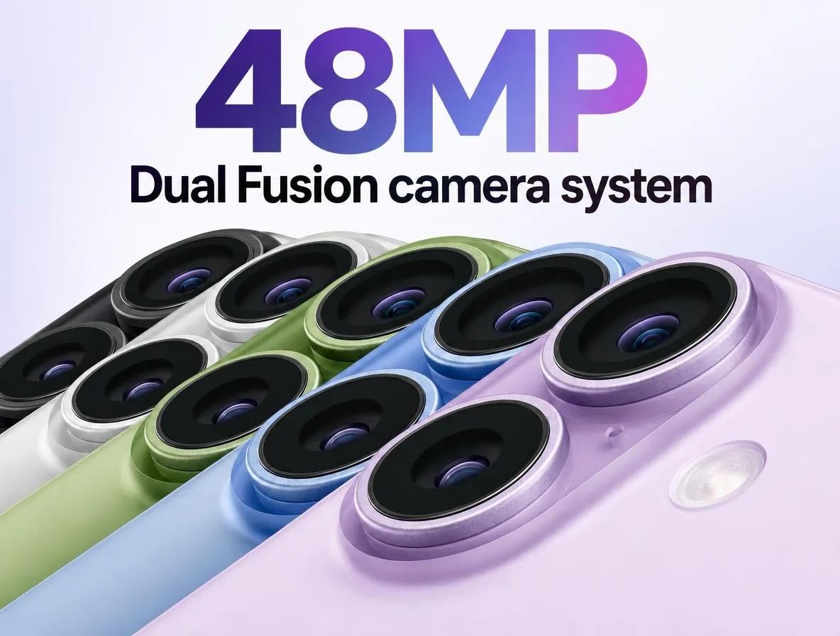 Highlight image of iPhone 17 rear cameras in five colours, labelled 48MP Dual Fusion camera system