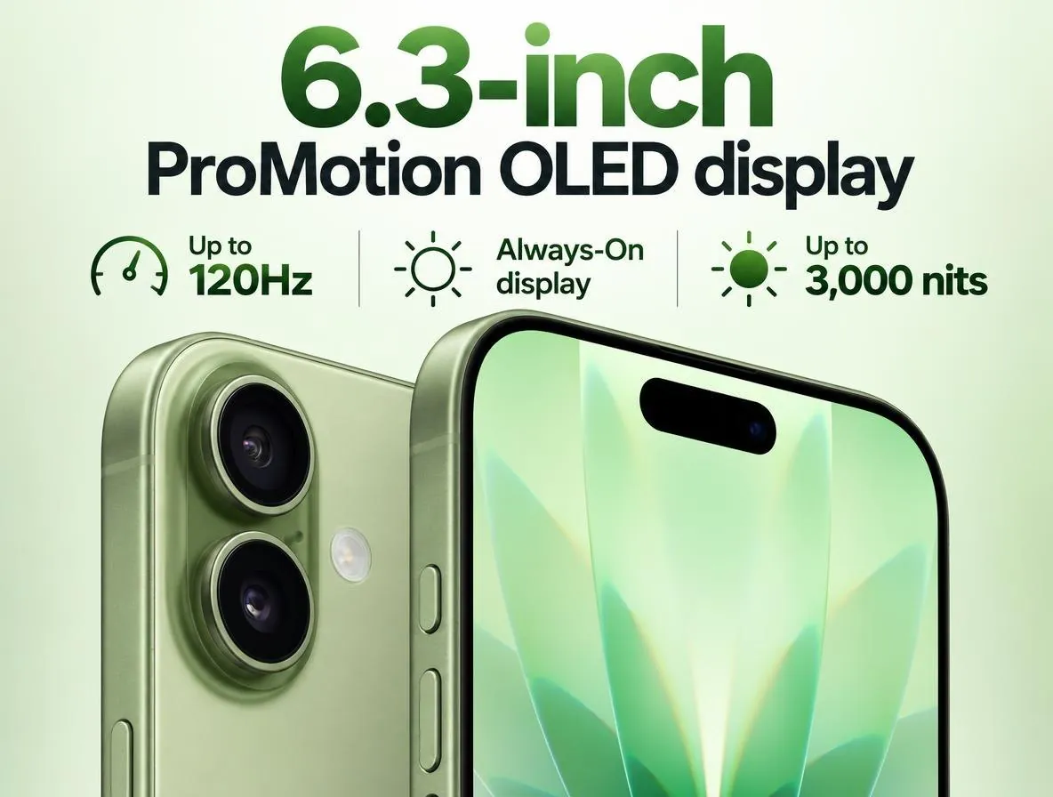 Highlight image of a green iPhone 17, labelled 6.3-inch ProMotion OLED display, up to 120Hz, Always-On and up to 3,000 nits